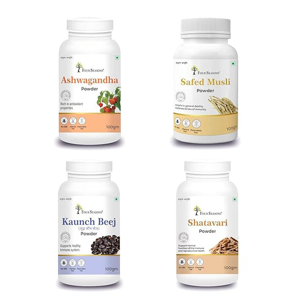 Performance Booster Combo (Safed Musli Powder 100gm + Shatavari Powder 100gm + Ashwagandha Powder 100gm + Kaunch Beej Powder 100gm)